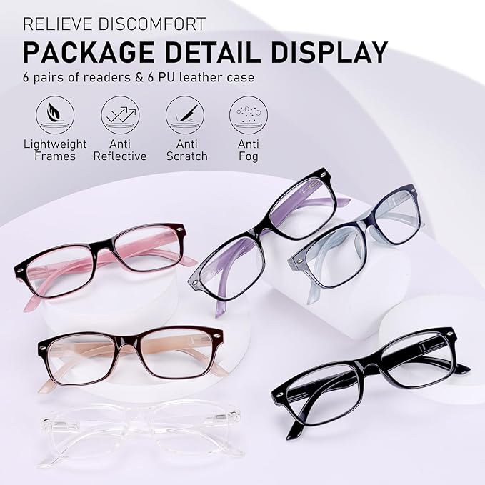 6 Pack Reading Glasses for Women Men Blue Light Blocking Spring Hinge Computer Readers, Anti Eyestrain/Glare