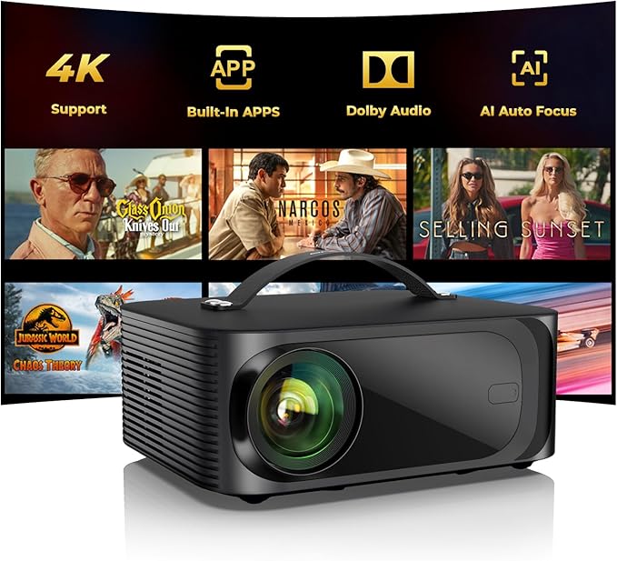 Projector-4K with WiFi and Bluetooth:[2000 ANSI/AI Auto Focus/Built-in APPs]Outdoor-Projector Smart TV OS 2.0 & DoIby, Portable Proyector Compatible with Netflix/YouTube/PrimeVideo, ONOAYO ONO3Pro 2.0