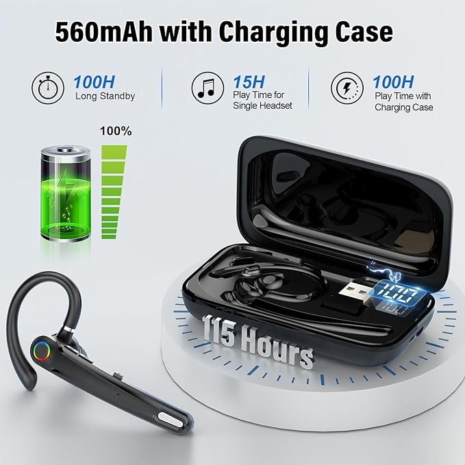 Bluetooth Headset V5.4, 115H Playtime Wireless Bluetooth Earpiece with Dual Mic Noise Cancelling Computer Headset Hand Free Headphones for Trucker, Driver, Home, Work, Business