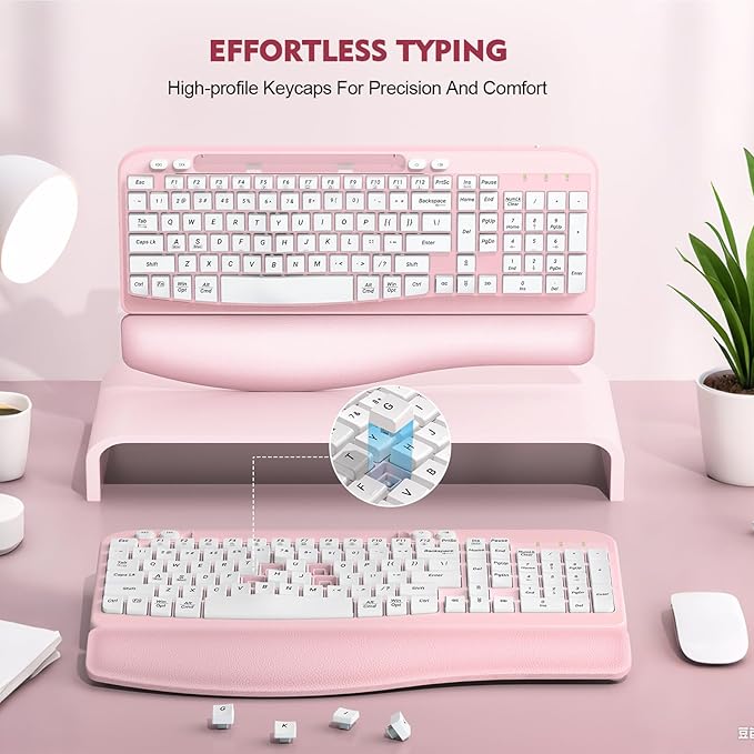 Ergonomic Wireless Keyboard with Cushioned Wrist Rest, Wave Keys, Phone Holder, Comfortable Natural Typing, 2.4GHz Full Size Cordless USB Computer Keyboard for Laptop, Mac, Windows (Pink)