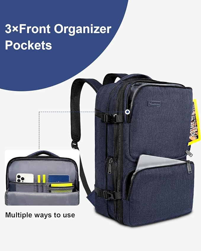 Vancropak Personal Item Backpack for Airlines, Expandable Travel Backpack with 3 Packing Cubes, TSA Flight Approved Carry on Travel Bag, Large Water Resistant Luggage Suitcase bag for Men Women, Blue