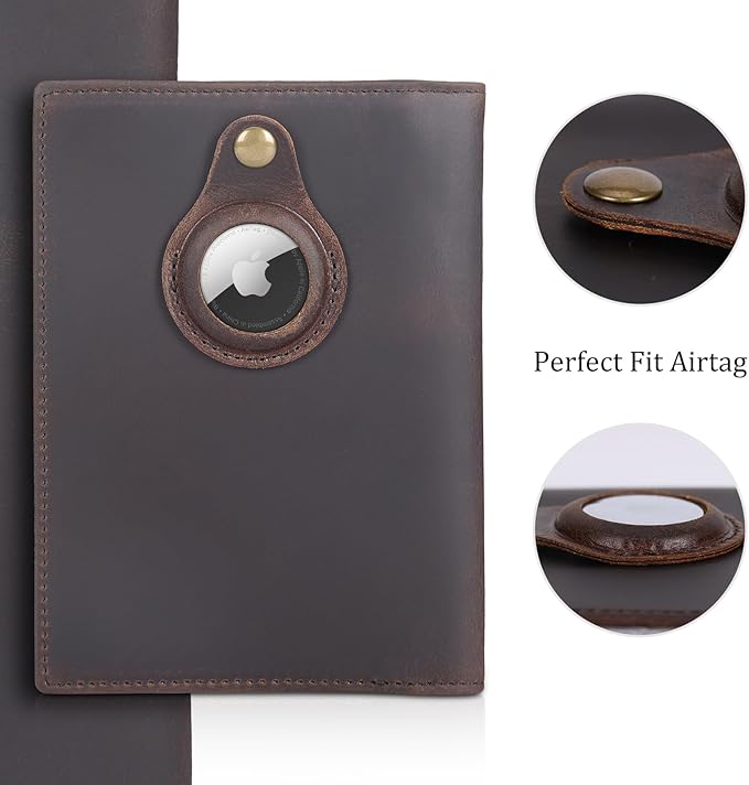 Polare Slim RFID Blocking Leather Passport Holder Travel Bifold Wallet For Men (Dark Brown with AirTag Slot)