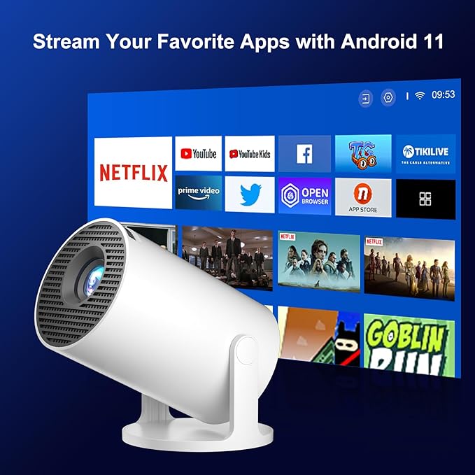 [2025 New] HY300PRO+ Smart 4K Projector WiFi Bluetooth, Salange Mini Projector Android 11.0, Short Throw Projector 1080P HD, 180° Adjustable, Auto Keystone Correction, Outdoor Movie Projector Portable