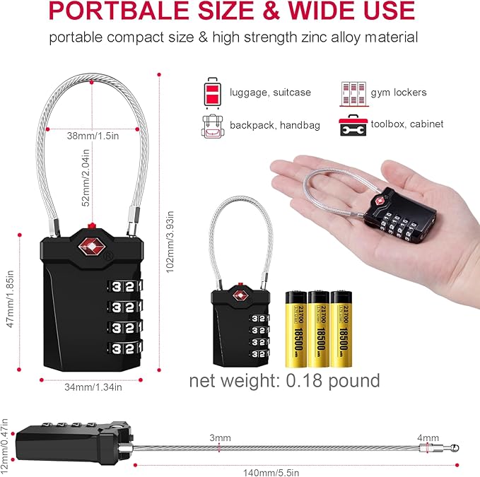 ZHEGE TSA Approved Luggage Lock, Travel Lock, 10,000 Combination Options, 5.5in Flexible Cable, Easy to Use, Secure & Solid, Suitable for Suitcase, Backpack, Briefcase (1 Pack, Black)
