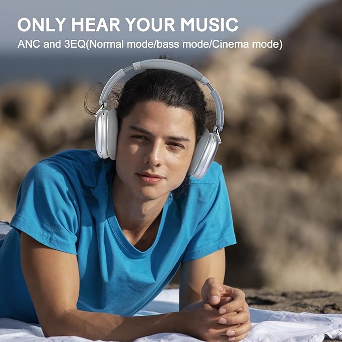 RORSOU C6 Active Noise Cancelling Headphones, Wireless Over Ear Bluetooth Headphones, 60H Playtime, Lightweight Folding Deep Bass Comfort Fit Ear Cups Headset with Mic for iPad/Travel/PC/Home Silver