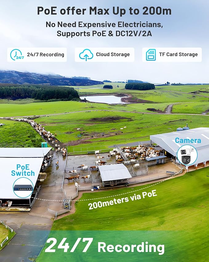 GENBOLT 4G LTE Cellular Security Camera Outdoor No WiFi, Dual Lens PoE Surveillance Camera CCTV with Sim Card, 24/7 Recording Plug in Wired IP Cam with Auto Tracking Human Detection