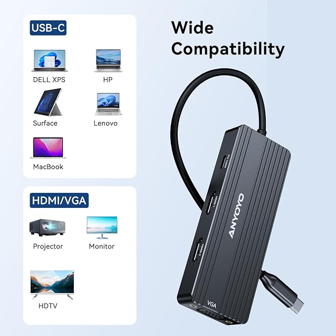 ANYOYO USB C Docking Station Dual HDMI Monitor Adapter 8-in-1 USB C HUB 3 Monitors Adapter with 4K HDMI +VGA +PD100W+Audio Laptop Docking Station for Dell/Lenovo/HP/Samsung/ASUS (Black)