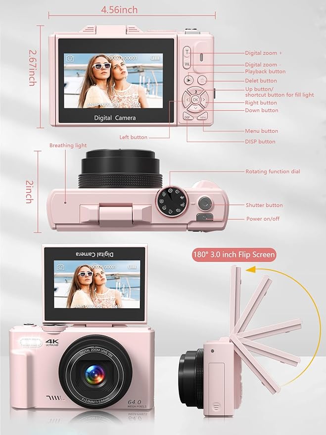 Digital Camera for Photography, 4K Vlogging Camera for YouTube 3" 180° Flip Screen 18X Digital Zoom Compact Cameras with 32GB TF Card & 2 Batteries, Pink