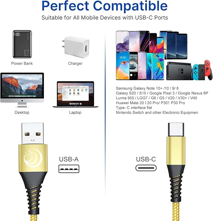 USB C Cable 3A Fast Charging 6FT 3Pack Nylon Type C Phone Charger Cord for Samsung Galaxy S24 S23 S22 S21 S20 S10 A11 A12 A13 A14 A15 A20 A21 A32 A42 A54, Tablet, LG, Moto, TCL, PS5