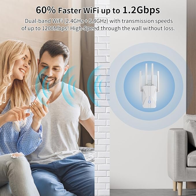 WiFi Extender Signal Booster, 2025 WiFi Extender AC1200Mbps Dual Band (5.8GHz/2.4GHz), WiFi Booster with Ethernet Port for Home Covers up to 10000 Sq.ft, Compatible with More Devices