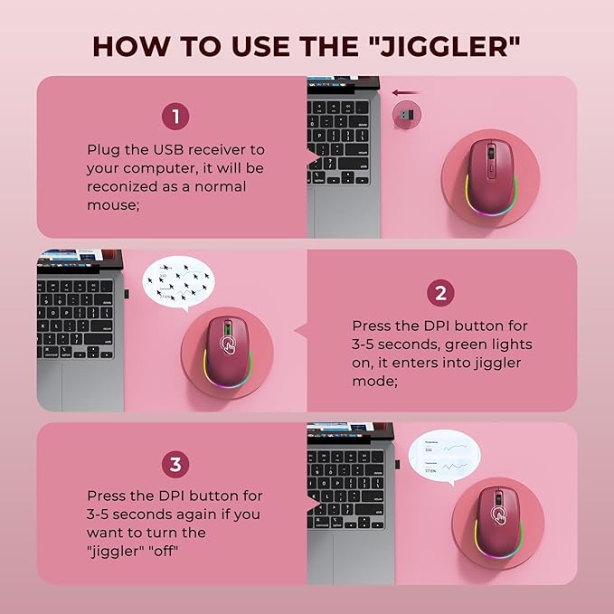 PEIOUS Wireless Mouse Jiggler - LED Wireless Mice with Build-in Mouse Mover, Rechargeable Moving Mouse for Laptop with Undetectable Random Movement Keeps Computers Awake - Red