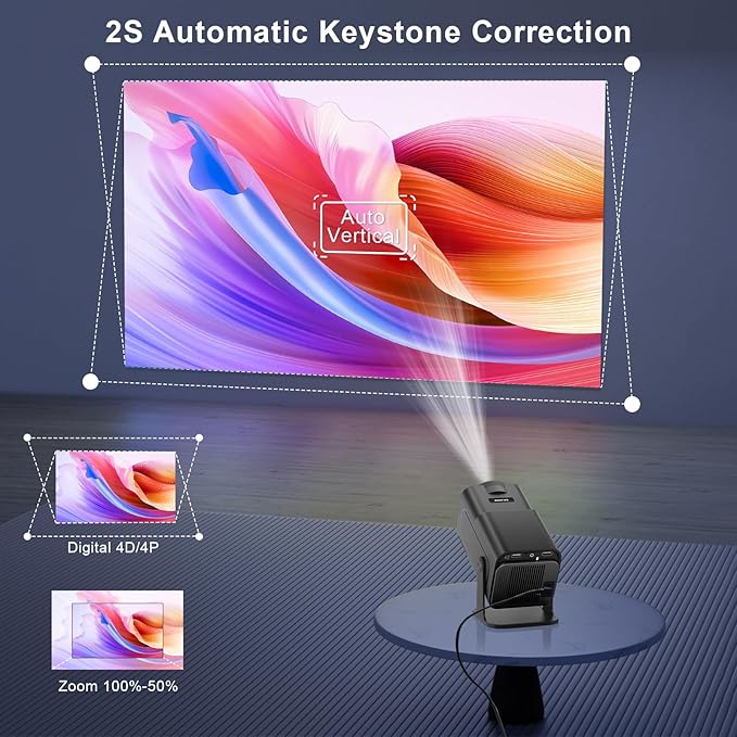 Smart 4K 1080P Projector With Built-in Apps, Wifi Bluetooth, Auto Keystone, Short Throw and 270 Adjustable - Mini Portable Outdoor Movie HY320 HY300 (Black)