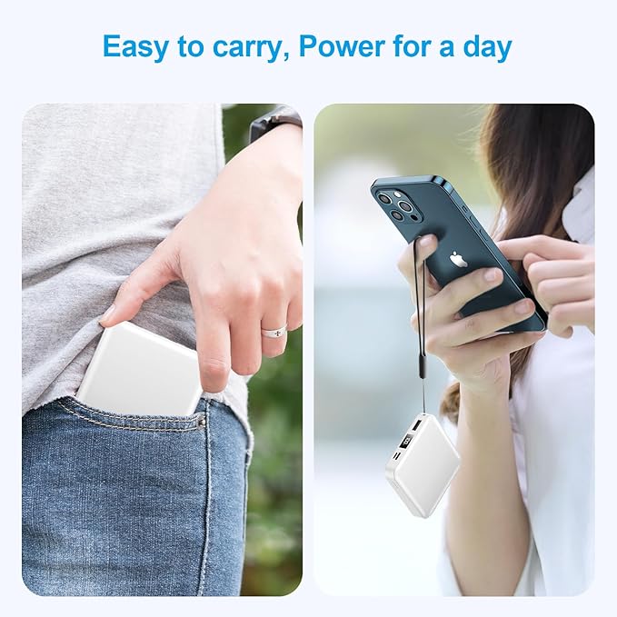 Portable Charger with Built-in Cable,12000mAh 22.5W Fast Charging Small Power Bank,USB C Input/Output with Smart LED Display,External Battery Pack for iPhone,Tablet,Samsung