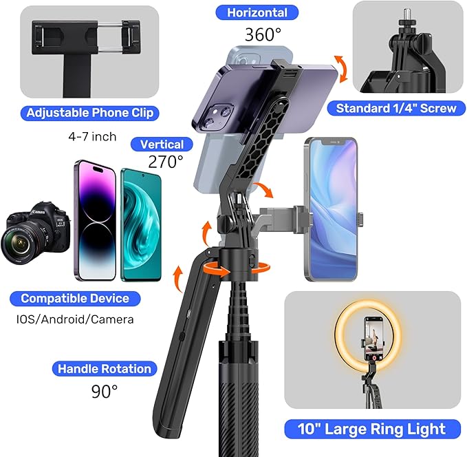 Auto Face Tracking Selfie Stick Tripod for iPhone with 10" Ring Light,360 Rotation That Follows Your Movement,71" Phone Camera Stand with Remote for Content Creator Vlog Video Recording