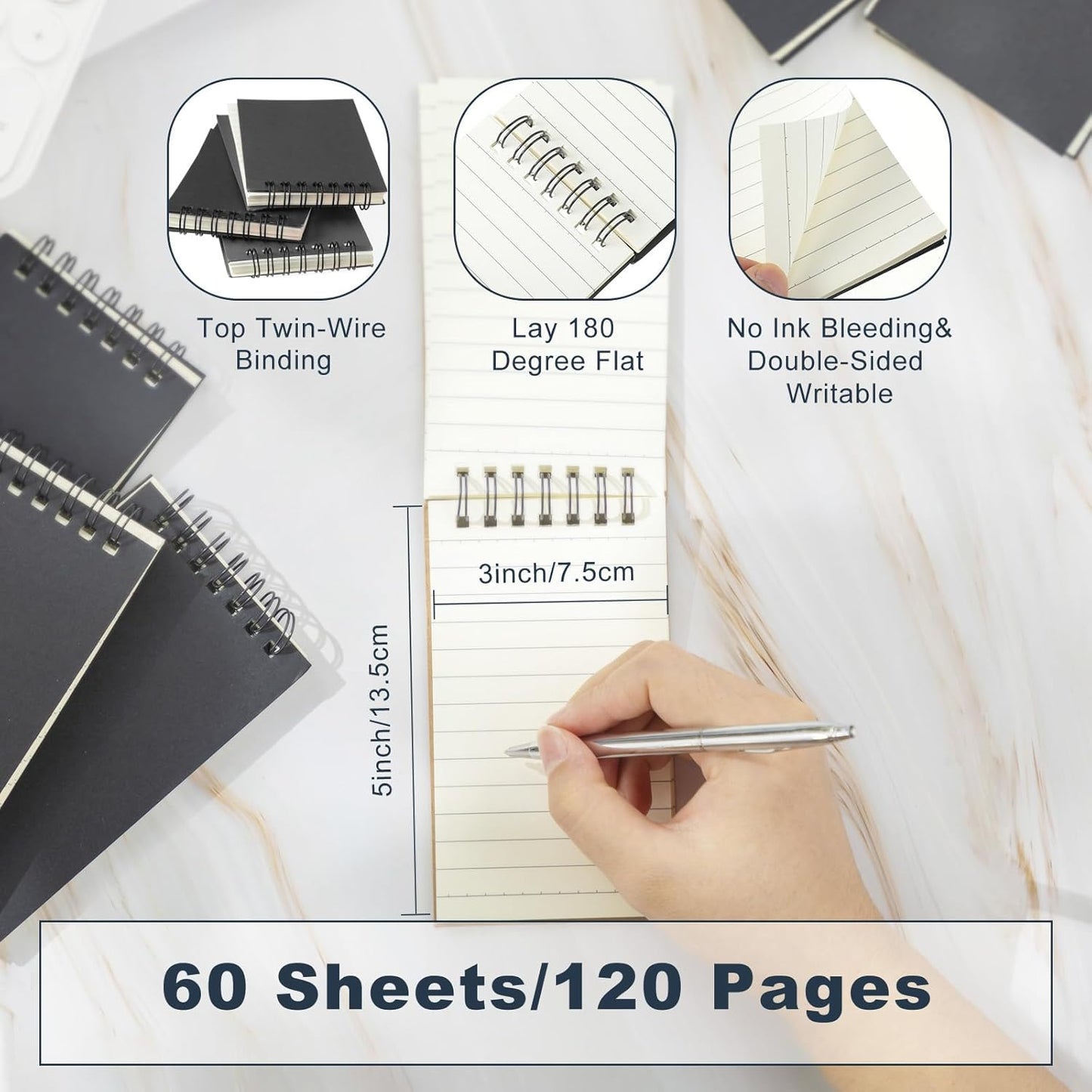 Tenceur 6 Pcs Pocket Notebook Bulk Small 3x5 Inch Spiral Notepads Mini Top Bound Notebook with Lined 120 Pages Ruled Memo Pads for Office College Nurse Essentials Back to School Gift (Black)