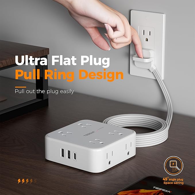 TESSAN Surge Protector Power Strip Flat Plug, Long Extension Cord 10 FT with 8 Outlets, 3 USB Ports(1 USB C), 3-Sided Outlet Extender, 900 Joules Protection, Desk Charging Station for Home, Office