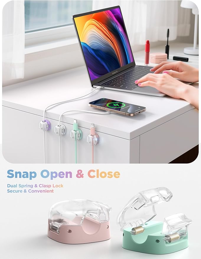 8 Pack Cord Holder Cable Clips,Cord Clips Multicolor [Dual Spring & Clasp Lock],Cute Phone Cord Holder for Nightstand, Chfeila Home Office Organizer Cable Clips for Car Desk Workspace Teen Room Decor