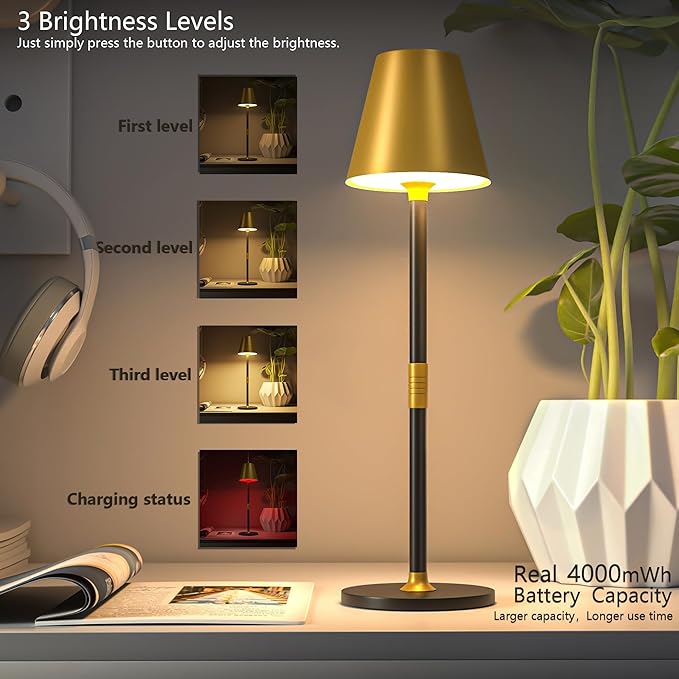 LED CordlessTable Lamp,4000mAh Rechargeable Battery Desk lamp,3 Level Brightness Beside Night Light, Minimalist Design, for Couple Dinner/Coffee Table/Restaurant/Bedroom(Gold&Black 4PACK)