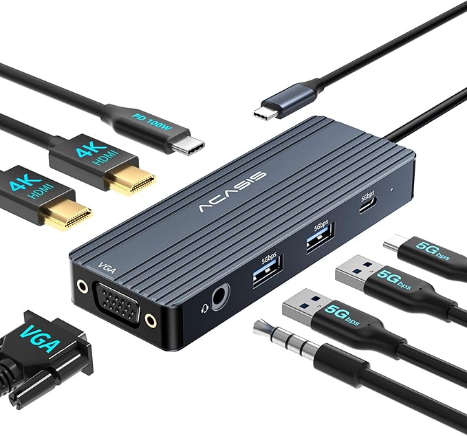 ACASIS USB C Docking Station Dual Monitors,8-in-1 Laptop Docking Station with Dual HDMI +VGA +2 * 5G USB-A/C+3.5MM Audio+PD100W, USB C HUB multiport Adapter for Dell/HP/Lenovo ThinkPad（Gray）