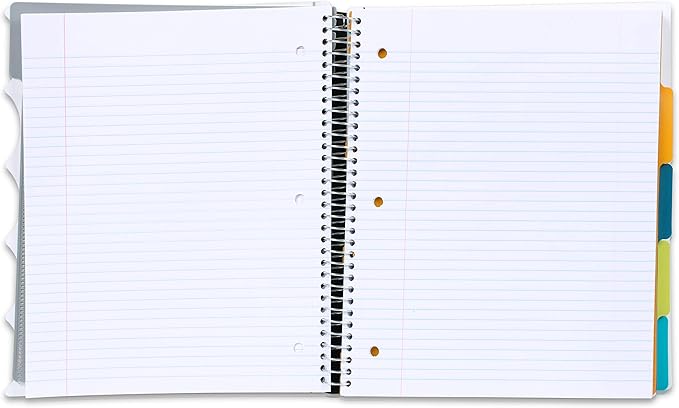Mintra Office Durable PREMIUM Spiral Notebook, ((White, 5 Subject, 8.5in x 11in)), Fabric Covered Coils, No Snags, Removable Adjustable Pocket Dividers, Ruler, Organization, Customizable