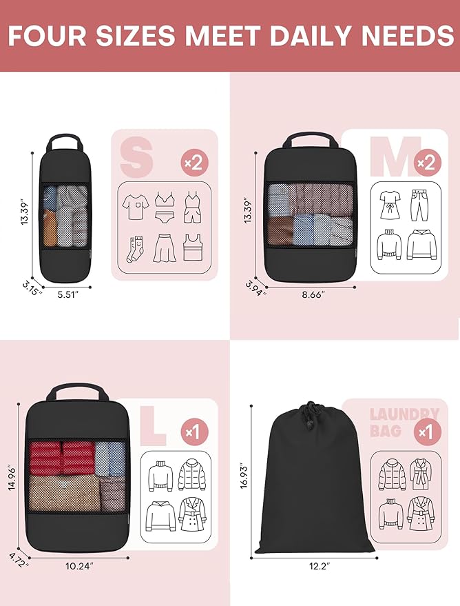 6 PCS Set Compression Packing Cubes for Travel, Lightweight Packing Organizer Bags Travel Essentials for Carry On, Suitcase, Home Closet - Black