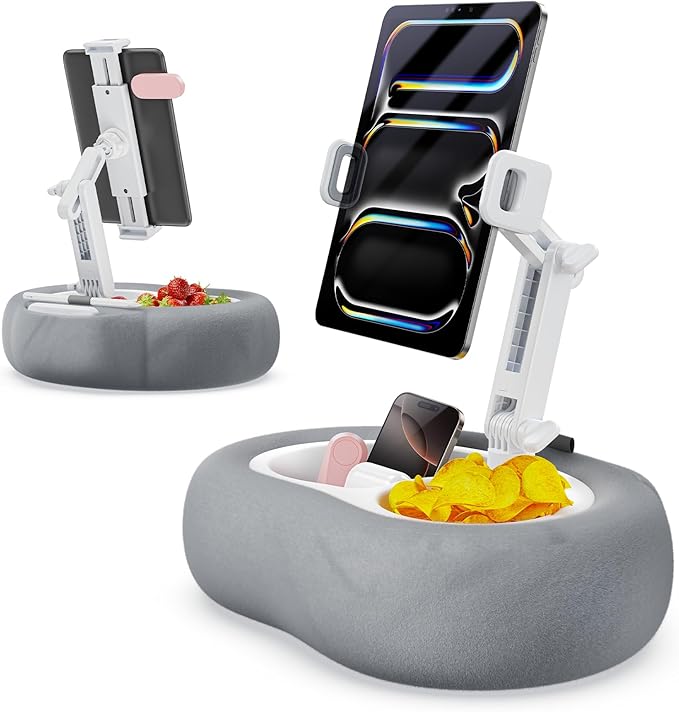 Kindle Tablet Pillow Stand with Detachable Trays Fit iPad Tablet Stand Holder for Bed Fit 4''-13'' Phone/Kindle with Case Reading Accessories Gift Soft Plus Fabric, Gray