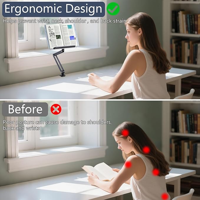 ASIEIT Book Stand with Clamp, Acrylic Desk Clamp Book Holder, 360° Cookbook Stand for Kitchen, Recipe Book Stand, Height and Angle Adjustable, Foldable and Portable for Office, Bible,Magazine,Laptops