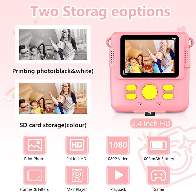 Instant Print Camera for Kids,Christmas Birthday Gifts for Age 3-12 Girls Boys，1080P HD Digital Video Cameras for Toddler,Kids Portable Toy with 3 Rolls Photo Paper，32GB Card-Pink