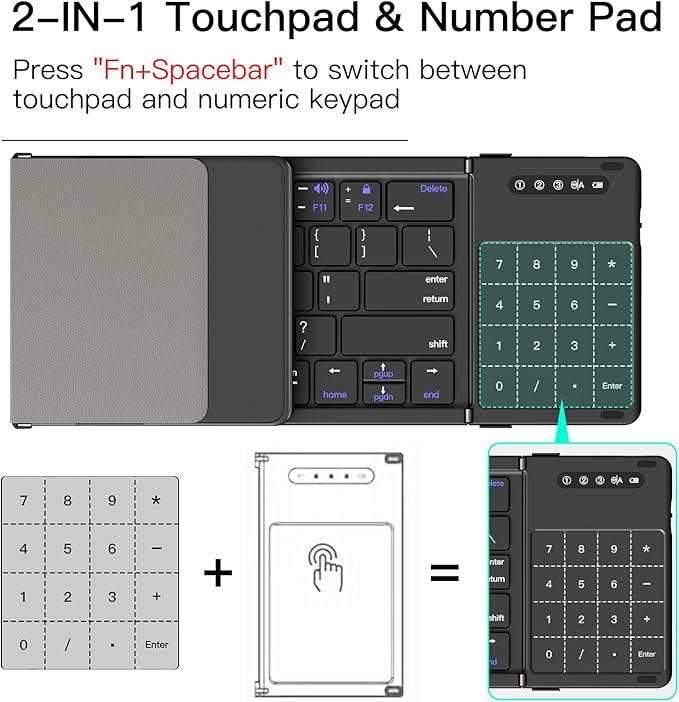 XIWMIX 2-in-1 Foldable Bluetooth Keyboard with Touchpad & Number Pad, Multi-Device Folding Wireless Rechargeable Portable Travel Keyboard for iPad,Laptop,PC,Compatible with Windows,iOS,Android,MacOS