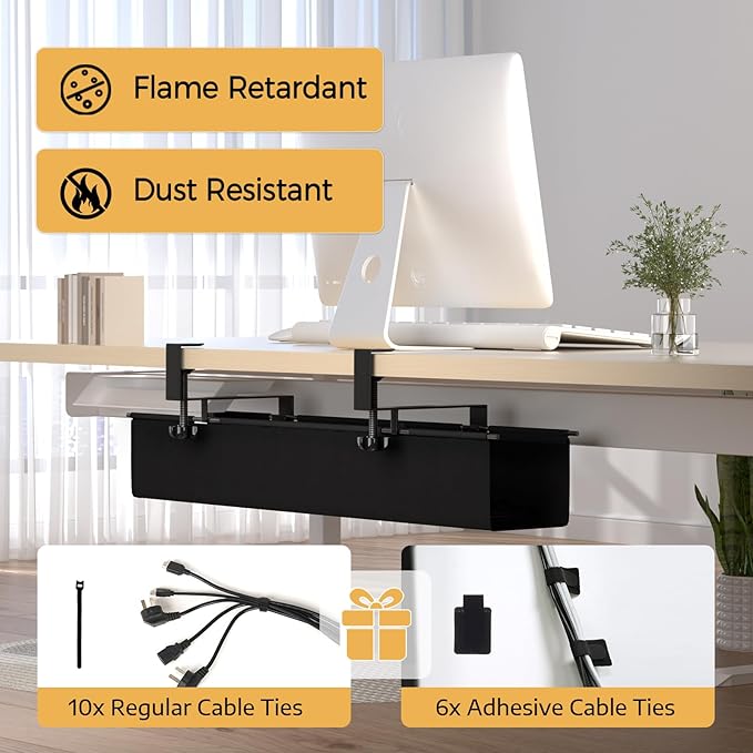 Under Desk Cable Management Tray 27.2" - No Drill Computer Wire Organizer Cable Tray, Fabric Cord Hider Clamp Mount, with 16X Cable Ties PC Cables Management Cord Holder for Office/Home (Black)
