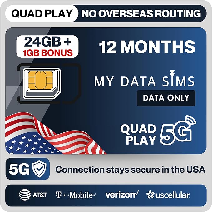 Quad Play 24GB + 1GB Bonus / 3 Months IoT SIM Card for Unlocked Security, Solar & Hunting Trail Game Cameras, Data Only USA SIM, 4G/5G on AT&T, T-Mobile, Verizon & US Cellular, Triple Cut 3-in-1