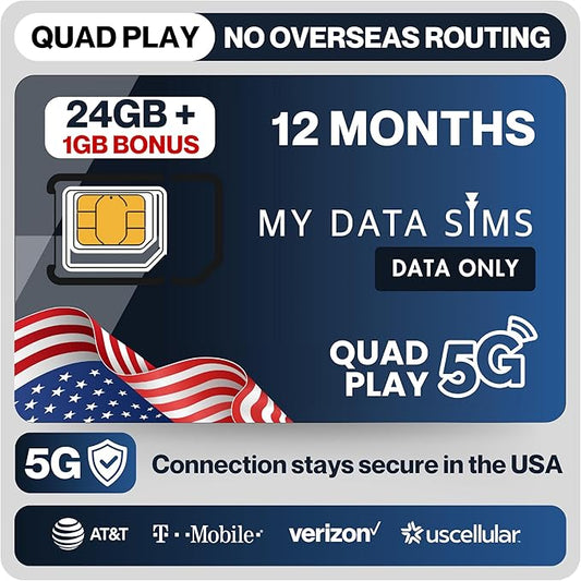 Quad Play 24GB + 1GB Bonus / 3 Months IoT SIM Card for Unlocked Security, Solar & Hunting Trail Game Cameras, Data Only USA SIM, 4G/5G on AT&T, T-Mobile, Verizon & US Cellular, Triple Cut 3-in-1