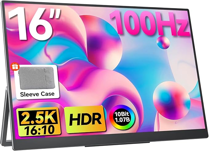 Portable Gaming Monitor 16 Inch QHD 2.5K 2560X1600 16:10 100 Hz 100% sRGB 10 Bit Travel Monitor for MacBook, Laptop, PC, Surface, Game Console, VESA Compatible, with Kickstand