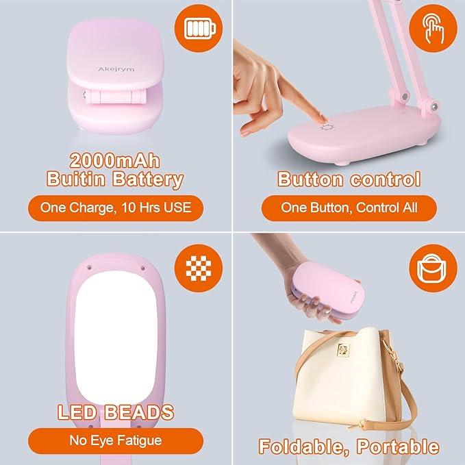 LED Desk Lamp for Office Home & Battery Operated Lamp Rechargeable Lamp Foldable & Portable Light, [2-Fold Bracket] 3 Brightness Dimmable Small Desk Lamp Wireless Reading Lamp (Pink)