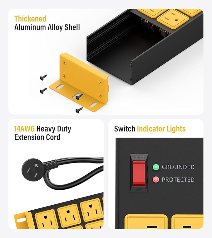 HHSOET 2 Pack Heavy Duty Power Strip 8 Outlets, Metal Wall Mount Outlet Strip 4800J Surge Protector, Garage Shop Under Desk Mountable 5FT Extension Cord Plug.