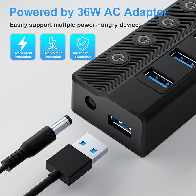 Powered USB Hub, 10-Port USB Splitter Hub (7 Faster Data Transfer Ports+ 3 Smart Charging Port) with Individual LED On/Off Switches and 12V/3A Power Adapter USB Extension for Mac, PC and More