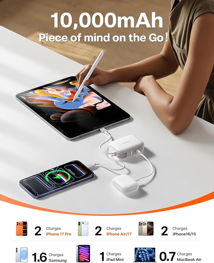 TORRAS 10000mah Portable Charger Power Bank 45W Fast Charging [Daily Use & Travel Essential] Built in Cable USB C, Phone Battery Pack Powerbank for iPhone 17 16 15, Samsung S25, S24, Google Piexl etc