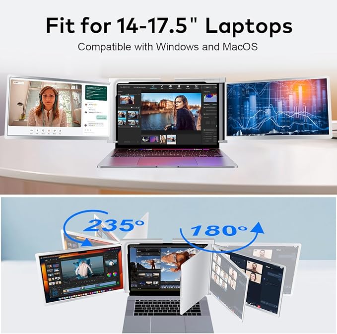 Laptop Screen Extender 14“ Monitors, Work for macOS [Included M1/M2 M3]，Windows, Triple Portable 1080P Tri-Screen USB A/Type C Portable Monitor for 14"-17.3" Laptop(1 Cable)