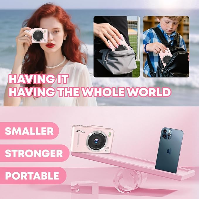 Digital Camera, Autofocus 4K Vlogging Camera for Photography with 64GB Card, Full HD 4K Point and Shoot Camera Portable Compact and Shoot Digital Camera for 16X Zoom, Anti-Shake, for Beginners, Pink