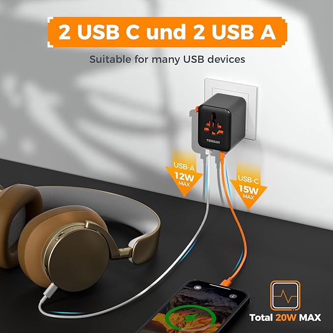 TTESSAN Universal Travel Adapter, International Power Adapter with 4 USB Ports (2 USB C), Travel Plug Adaptor Worldwide for US to Europe UK France Germany Spain Ireland Australia Japan (Type C G A I)