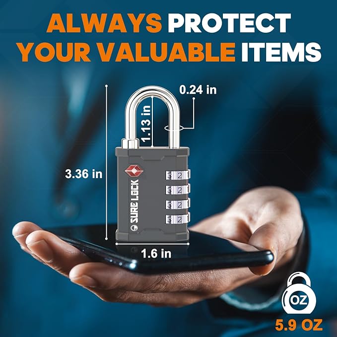 SURE LOCK TSA Accepted 4 Dig Heavy Duty Big Combination Luggage Padlock All Metal Travel Lock for Equipment Hard Case Luggage Gun Case Gym Locker Pelican Vault Lock (1, Grey)