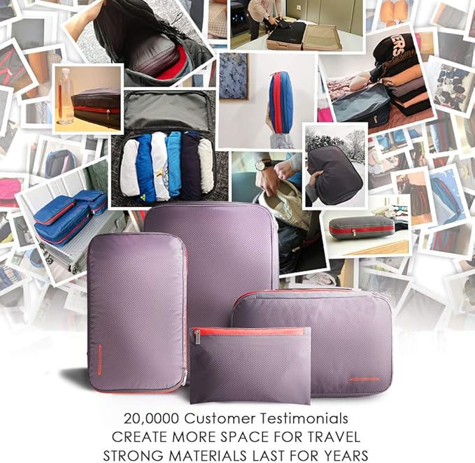 Bee Nesting Waterproof Compression Packing Cubes 5/6/8 sets, Large Travel Packing organizers for Carry on Luggage, 2 Sides Expandable Storage Bags (Black Red, 9L)