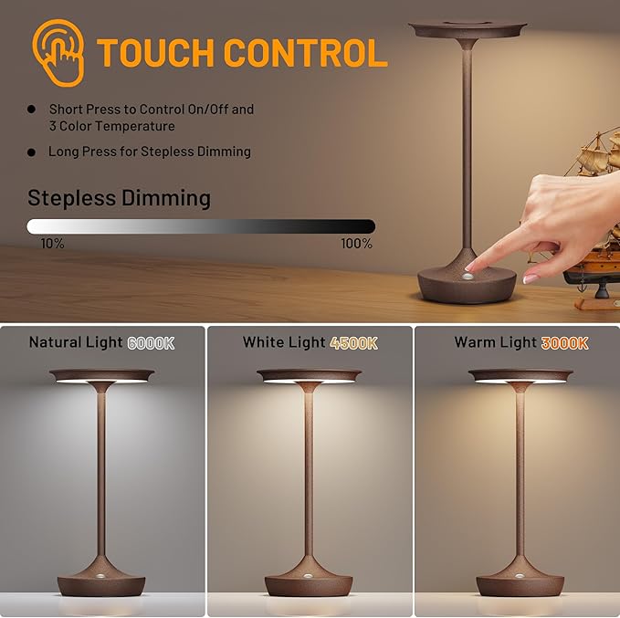 2 Pack LED Rechargeable Cordless Table Lamps, Portable Outdoor Battery Operated Table Light 3 Color Stepless Dimming Table Lamp with Memory Function for Patio Restaurant Dining Room Rust