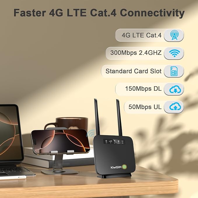 4G LTE WiFi Router with 5GB Data Card, Portable Modem WiFi Router, 300Mbps WiFi, Supports Verizon, AT&T and T-Mobile, 3000mAh Battery, WiFi Mobile Hotspot Router for Home/Office/RV/Camping