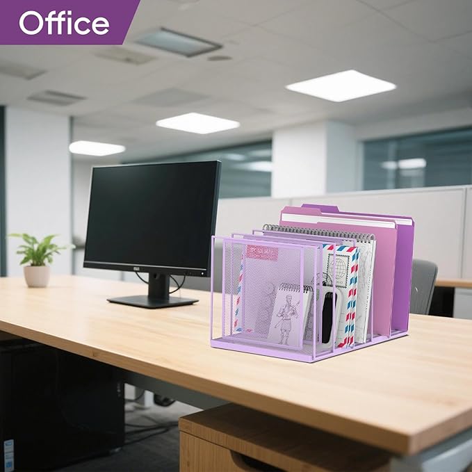 File Organizer for Desk, 5-Section Vertical File Sorter, Paper Holder Organizer Standing Metal File Folder for Office Home Classroom, Purple