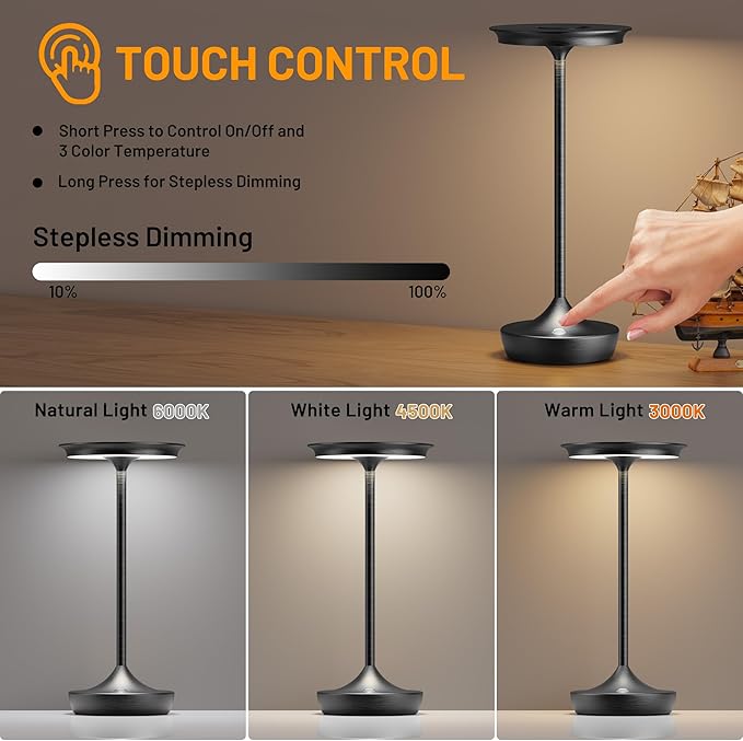 LED Cordless Table Lamp Rechargeable - Outdoor 6000mAh Battery Operated Portable Table Lights 3 Color Stepless Dimming Table Lamps with Memory Function for Patio Restaurant Dining Black