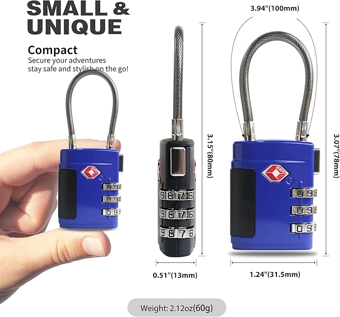Combination TSA Locks for Luggage, Locker, Luggage Locks TSA Approved, Small Combo Cable Padlock with Code for Gym Locker, Suitcase, Gun Case, Backpack Bag Zipper, Storage Box, Travel Case