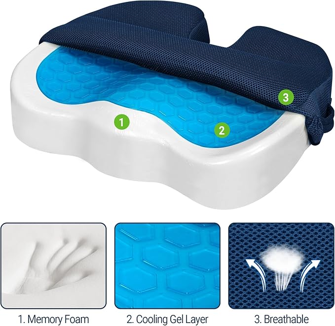 Gel Seat Cushion for Car Office - Memory Foam Pain Relief Chair Pillow Cushions - Tailbone Sciatica Coccyx Butt Lumbar Support Pad for Sitting Driving Traveling, Mesh, Blue