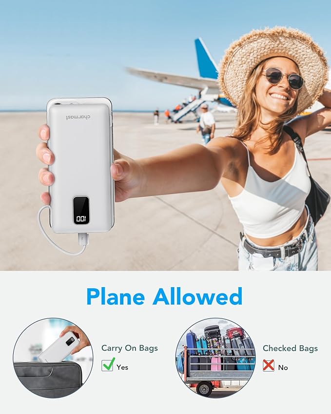 charmast Portable Charger with Built-in Cables and Plug, 10000mAh USB C Power Bank Fast Charging, External Battery Pack Slim, Travel Essentials Compatible with iPhones, Samsung Galaxy, iPad