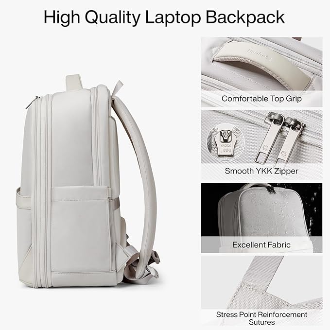 Hanke Expandable Travel Backpack 16 Inch, Full-Open Laptop Backpack Fits 15.6 Inch, Carry On Personal Item Bag with Luggage Strap, Business Work Backpack for Women Men, Greyish White